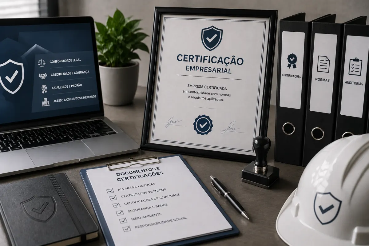 Certificado e documentos empresariais sobre mesa corporativa.