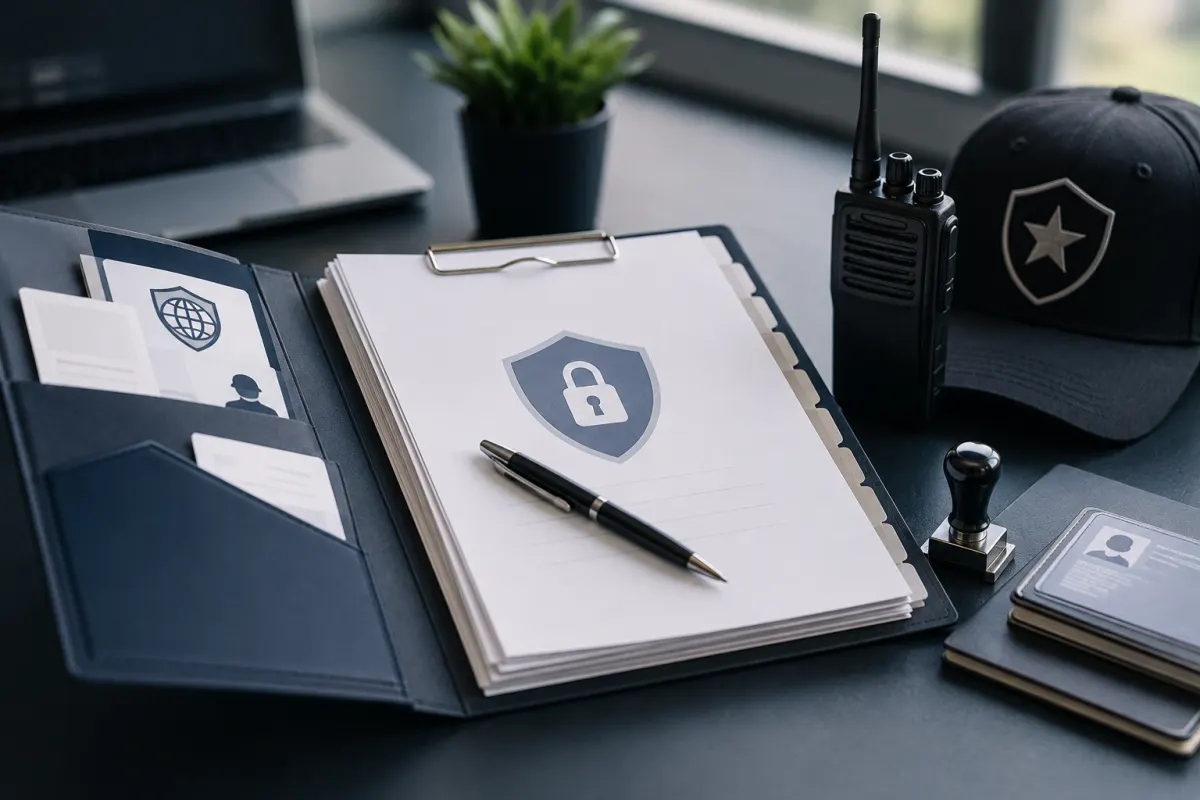 Profissionais de empresa de segurança privada em ambiente corporativo.